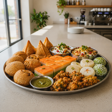 Tricolour mithai, samosas, pakoras, kachori, and chaat arranged on a festive Indian sweets and snacks platter for an Independence Day celebration in Brampton.