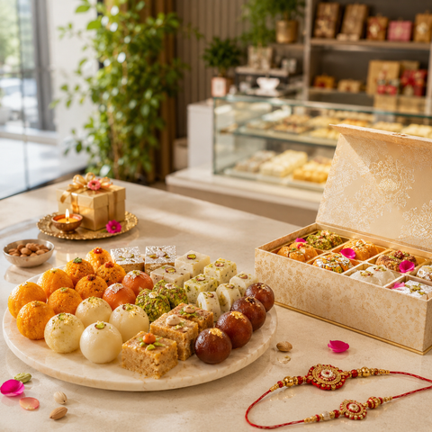 Raksha Bandhan mithai gift box with assorted Indian sweets, ladoo, barfi, kalakand, gulab jamun, and decorative rakhis in a Brampton sweet shop.